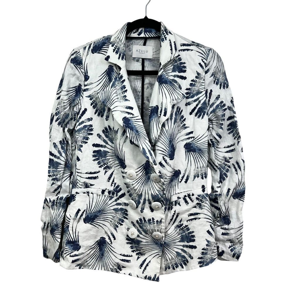 Anthropologie Azulu Colombia Womens Linen Blazer Floral Double Breasted Blue S*